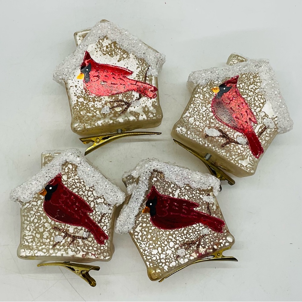 4 Set Old World Christmas Blown Glass Ornament Tree Clip With Painted Cardinals